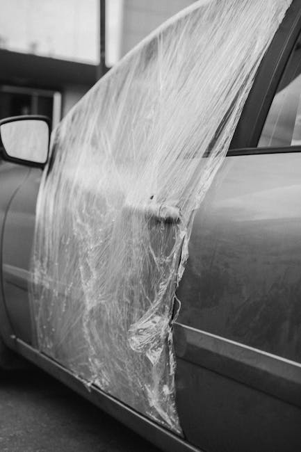 A black and white photograph shows a damaged car door with a large scrape running vertically along its side, revealing the underlying metal. The car appears to be parked outdoors, with a blurred backg