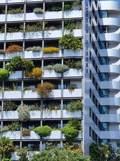 A modern multi-storey building featuring numerous balconies, each decorated with a variety of plants, shrubs, and small trees. The greenery includes a mix of evergreen and flowering species, with some